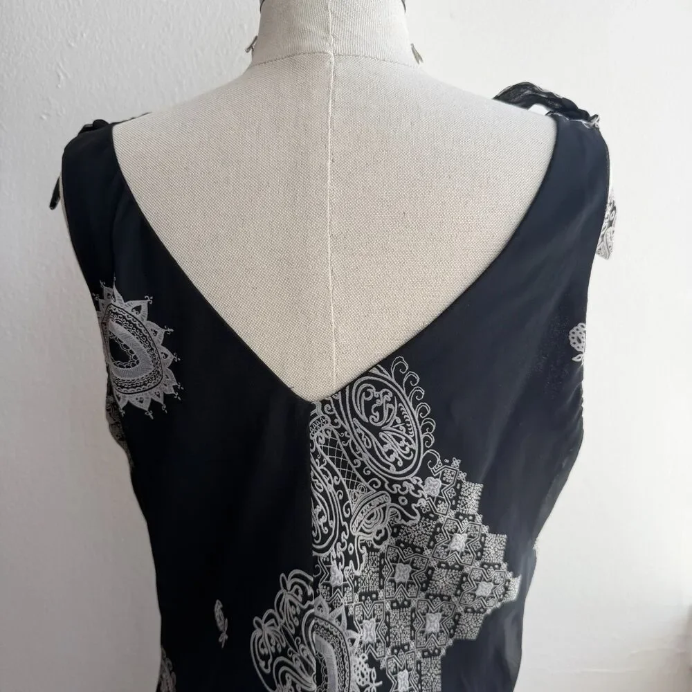 Y2K Sangria Black Mesh Overlay Midi Dress Paisley Sheer Tie Strap Slip 12 - Picture 4 of 8